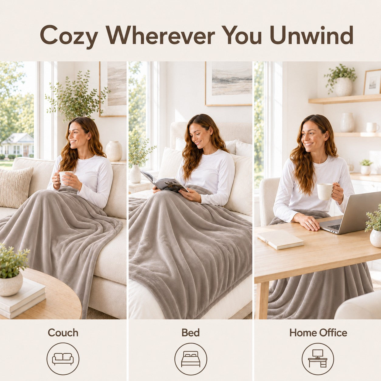 SUNNY HEAT Electric Blanket Heated Throw 50" x 60" -Fast Heating 9 Levels & 10H Auto off, Warm Soft Fannel Machine Washable, for Bed/Couch/Office, Milk Tea Brown