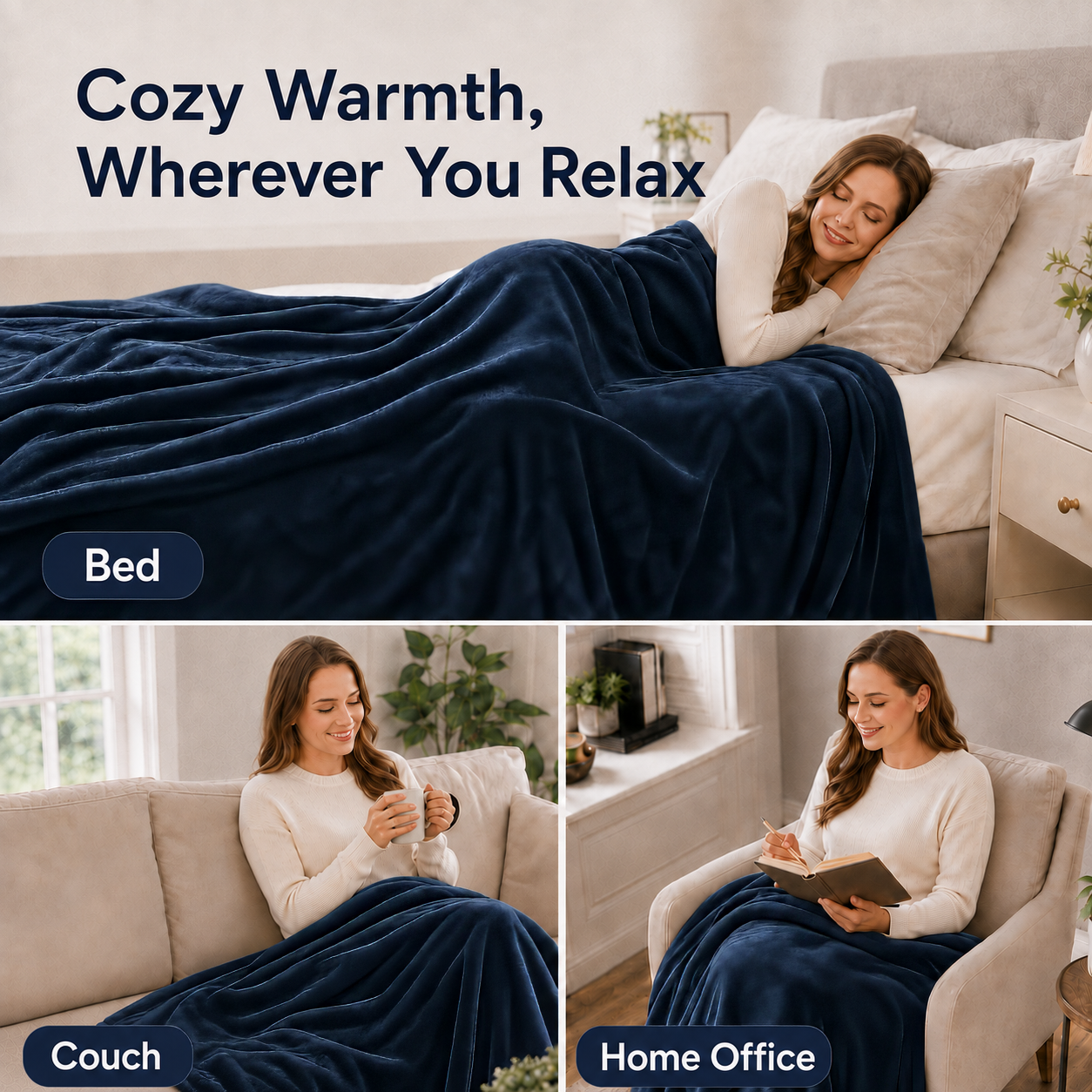 SUNNY HEAT Electric Blanket Heated Full 72" x 84" -Fast Heating 4 Levels & 10H Auto off, Warm Soft Fannel Machine Washable, for Bed/Couch/Office, Dark Blue