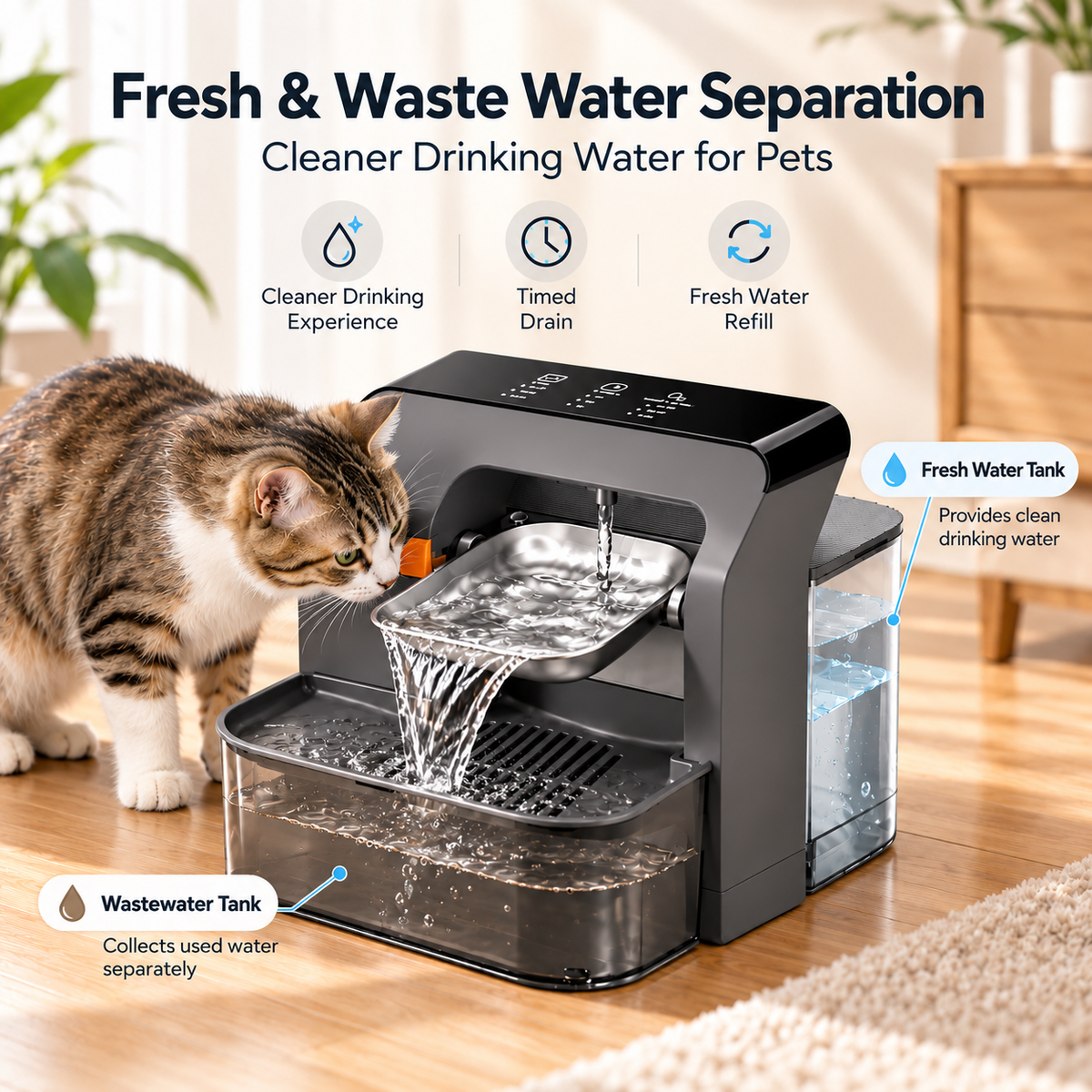 SUNNY HEAT Wireless Cat Water Fountain No Filter, 3.2L Pet Water Dispenser with Fresh & Waste Water Separation, Stainless Steel Bowl for Cats & Small Dogs, Black