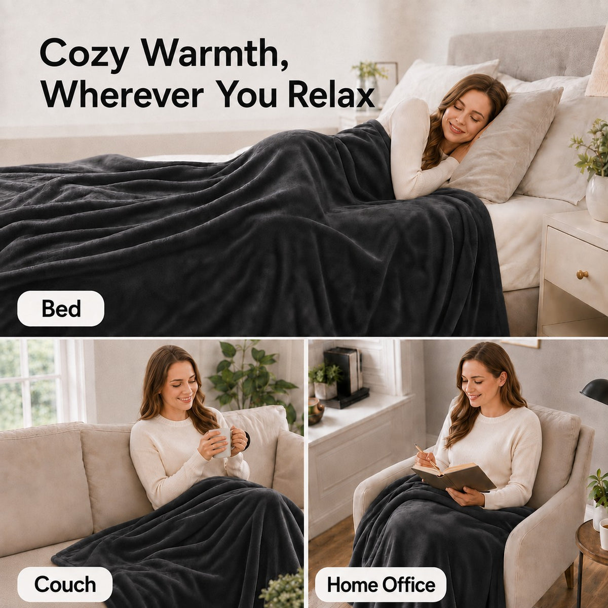 SUNNY HEAT Electric Heated Blanket Throw Flannel 50" x 60" Throw Size-4 Heating Settings & 3 Hours Auto off, Soft Machine Washable-Dark Grey