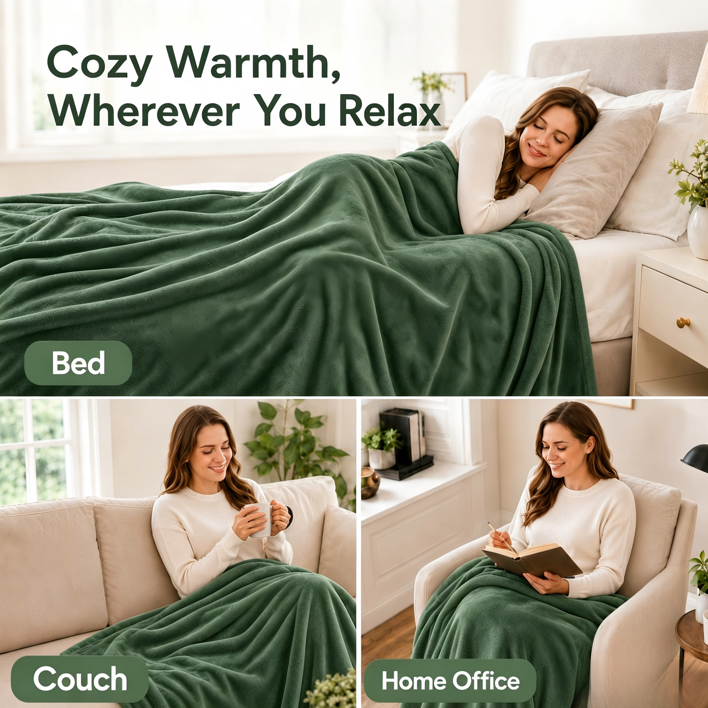 SUNNY HEAT Electric Blanket Heated Twin 62" x 84" -Fast Heating 5 Levels & 10H Auto off, Warm Soft Fannel Machine Washable, for Bed/Couch/Office, Pine Green
