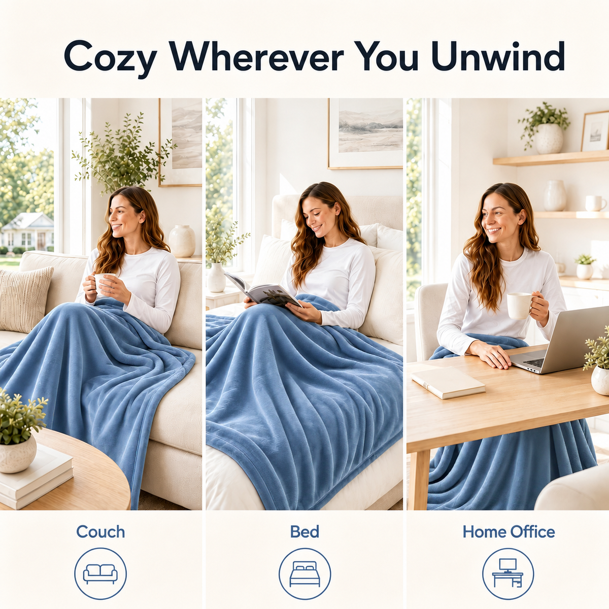 SUNNY HEAT Electric Blanket Heated Throw 50" x 60" -Fast Heating 9 Levels & 10H Auto off, Warm Soft Fannel Machine Washable, for Bed/Couch/Office, Blue Gray