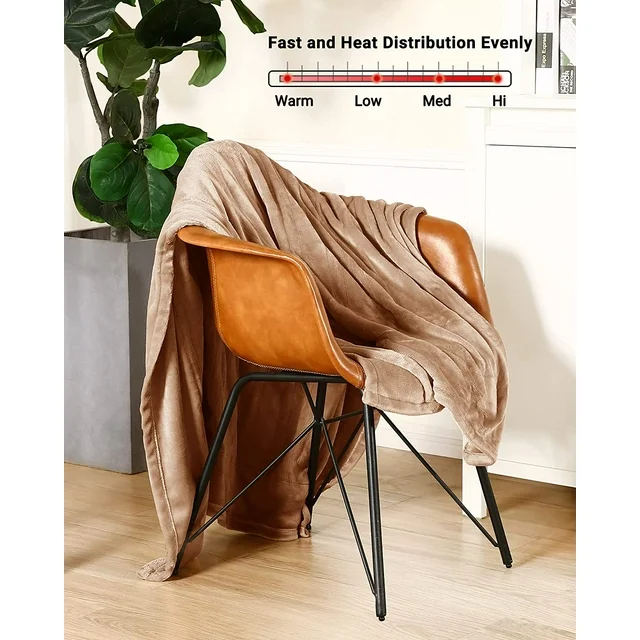SUNNY HEAT Electric Heated Blanket Throw Flannel 50" x 60" Throw Size-4 Heating Settings & 10 Hours Auto off, Soft Machine Washable-Light Brown