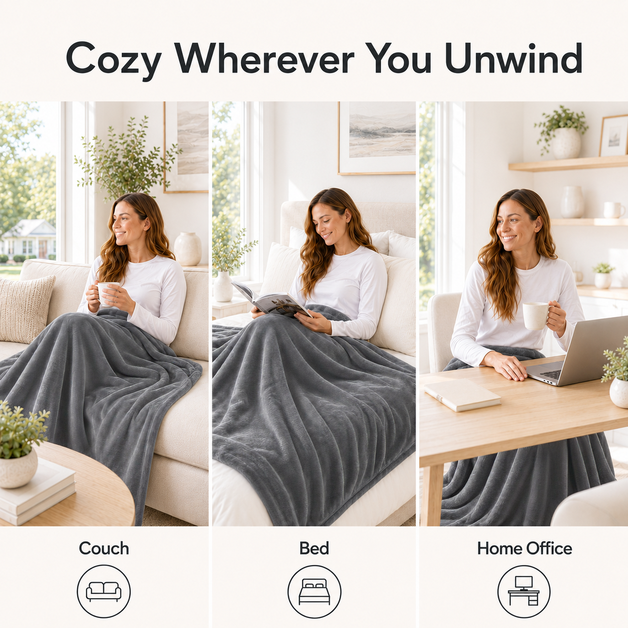 SUNNY HEAT Electric Blanket Heated Queen 84" x 90" -Fast Heating 9 Levels & 10H Auto off, Warm Soft Fannel Machine Washable, for Bed/Couch/Office, Light Grey