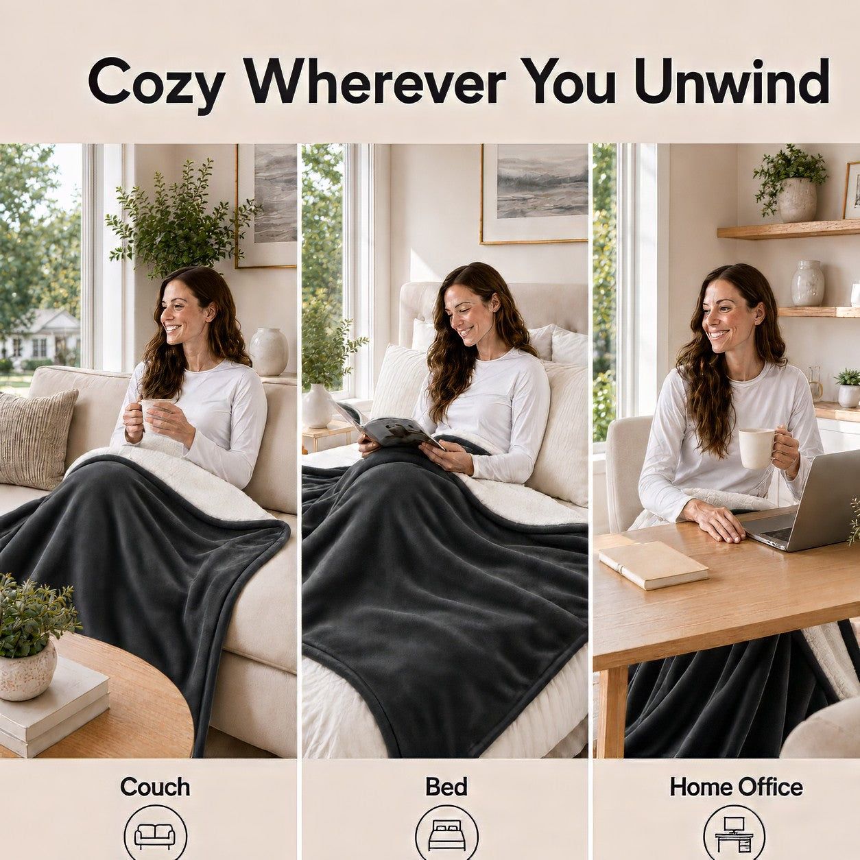 SUNNY HEAT Flannel Heated Blanket King 90"×100", 4 Heat Settings, 10H Auto Off, Washable, Dark Grey