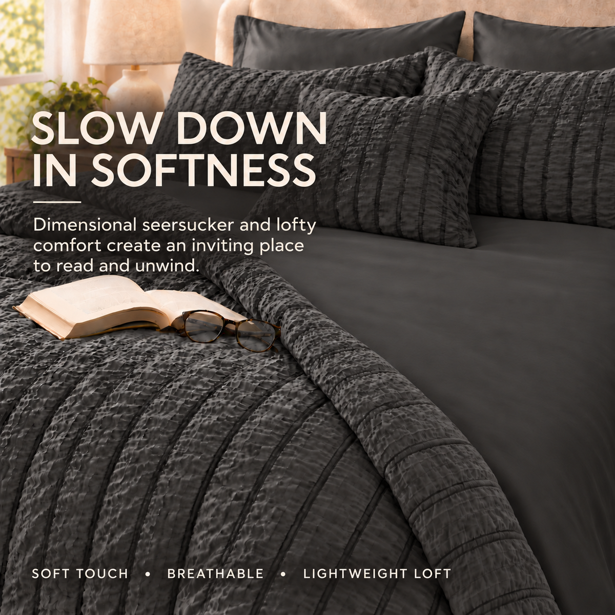 SUNNY HEAT Queen Size 8 Piece Seersucker Comforter Set, Soft Lightweight Bed in a Bag, Breathable All Season Bedding with Sheets, Pillowcases & Shams, Dark Grey