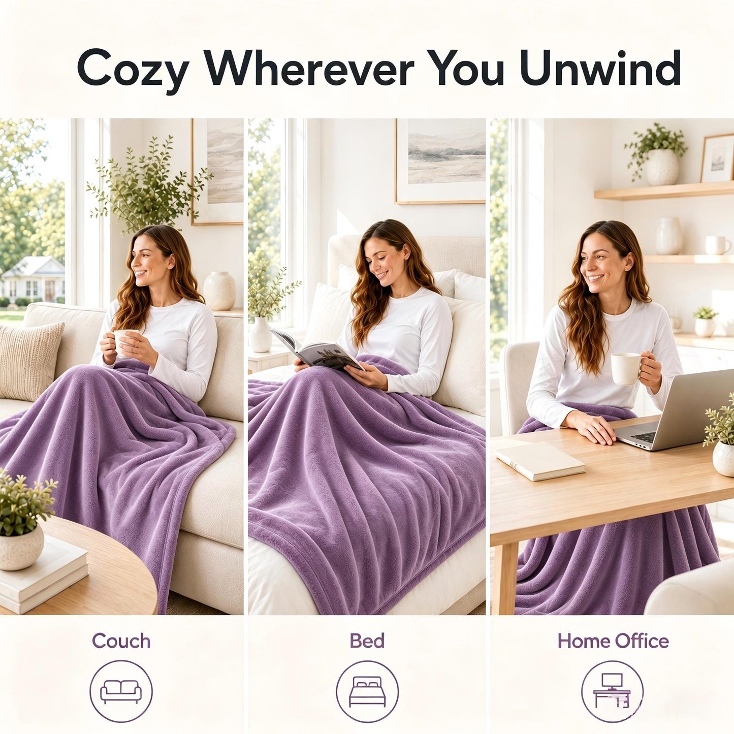 SUNNY HEAT Electric Blanket Heated Twin 62" x 84" -Fast Heating 9 Levels & 10H Auto off, Warm Soft Fannel Machine Washable, for Bed/Couch/Office, Dark Purple