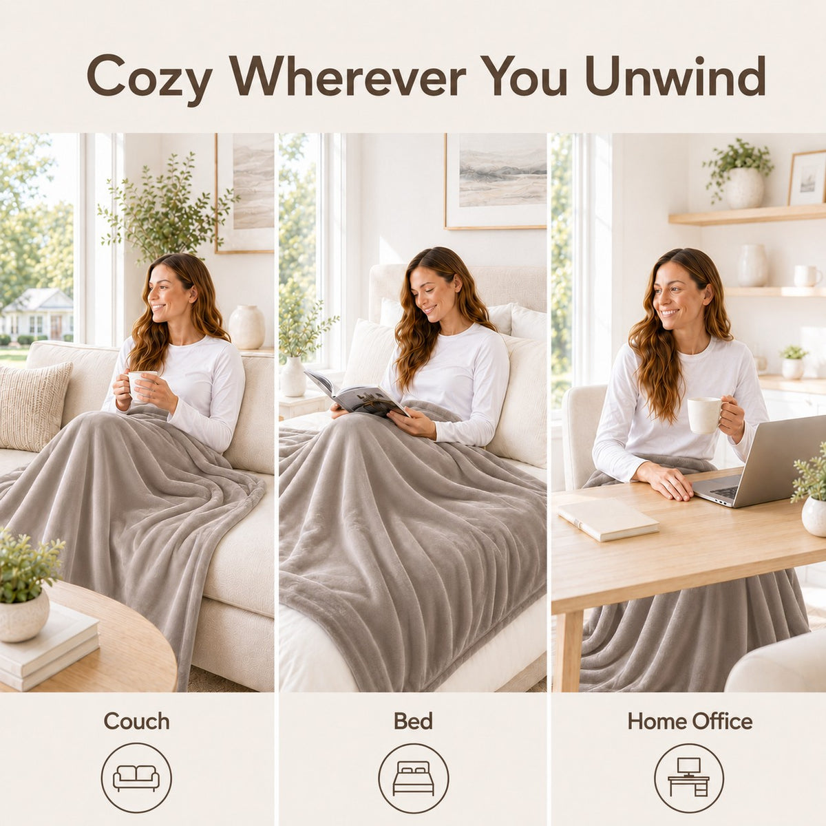 SUNNY HEAT Electric Blanket Heated Twin 62" x 84" -Fast Heating 9 Levels & 10H Auto off, Warm Soft Fannel Machine Washable, for Bed/Couch/Office, Milk Tea Brown