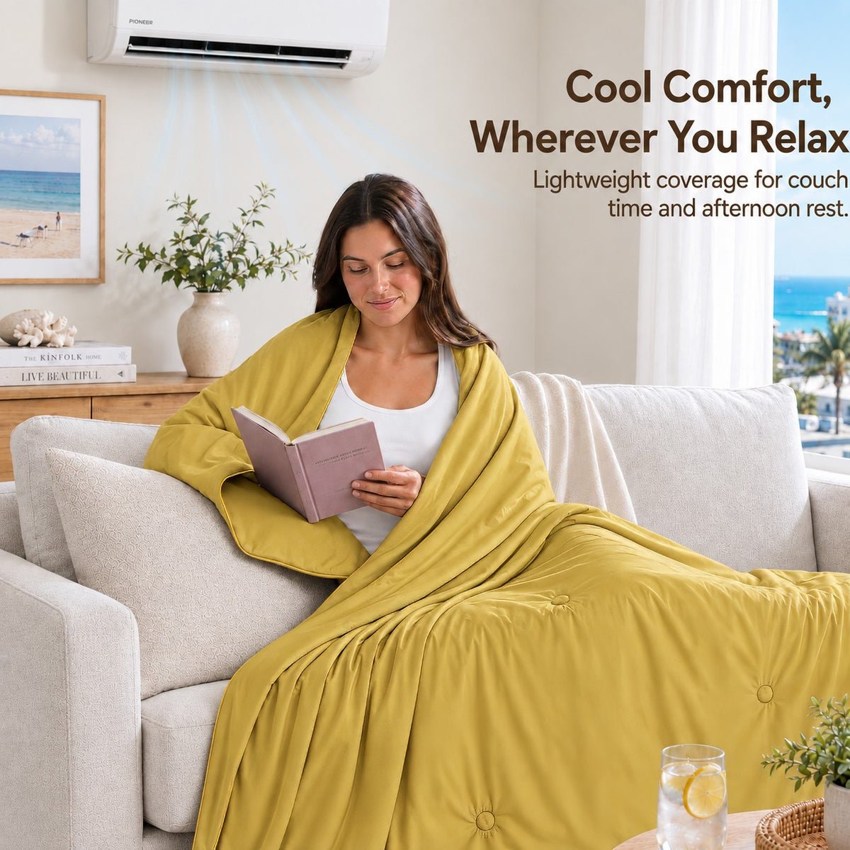 SUNNY HEAT Twin Cooling Comforter for Hot Sleepers, Double-Sided Cooling Blanket for Summer, Breathable Lightweight Bedding, Mustard Yellow, 60"x80"