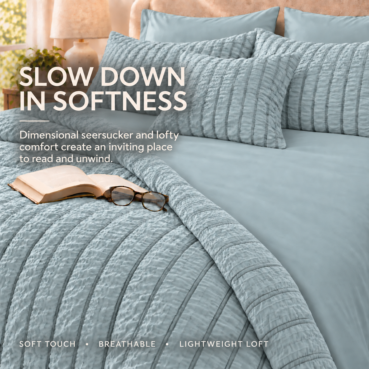 SUNNY HEAT Queen Size 8 Piece Seersucker Comforter Set, Soft Lightweight Bed in a Bag, Breathable All Season Bedding with Sheets, Pillowcases & Shams,Light Blue