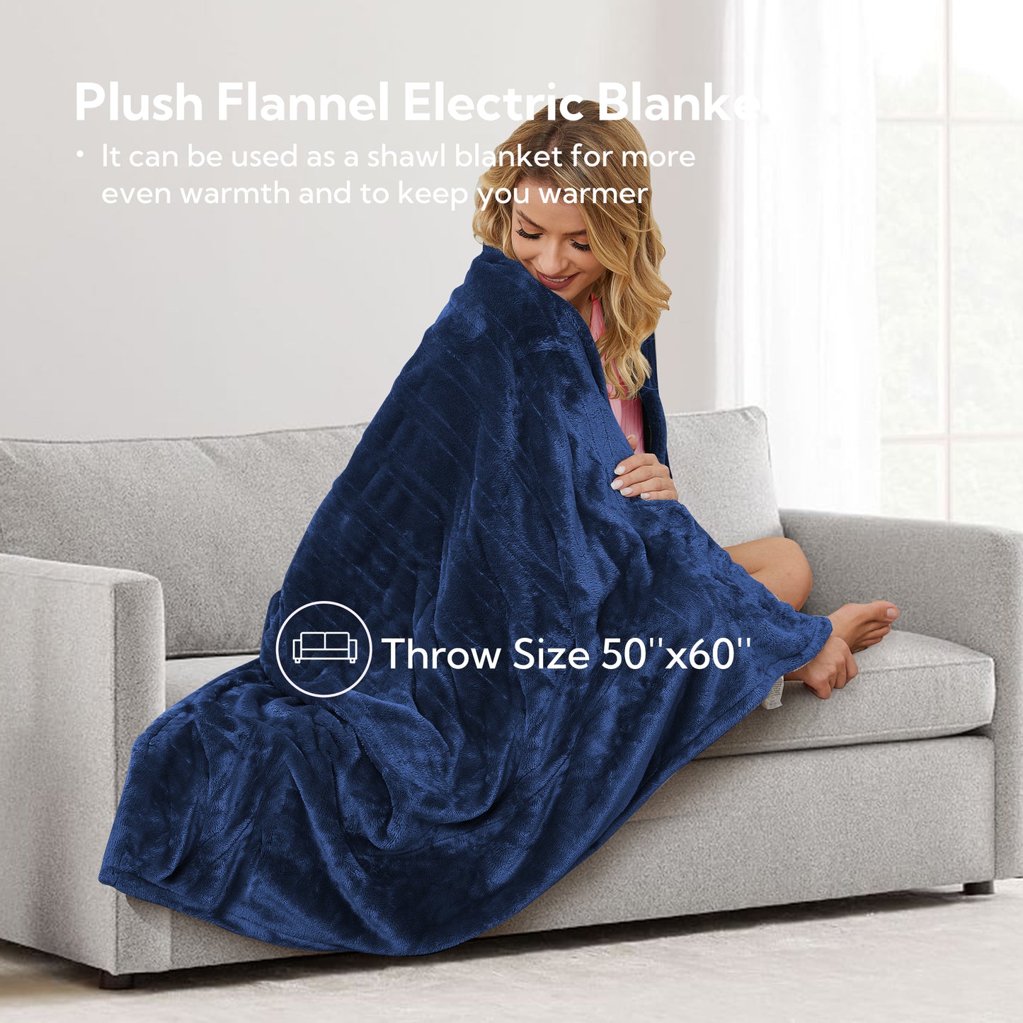 Electric Heated Blanket 50'' x 60'', Soft and Lightweight Plush Double-Sided Flannel Electric Blanket, Navy