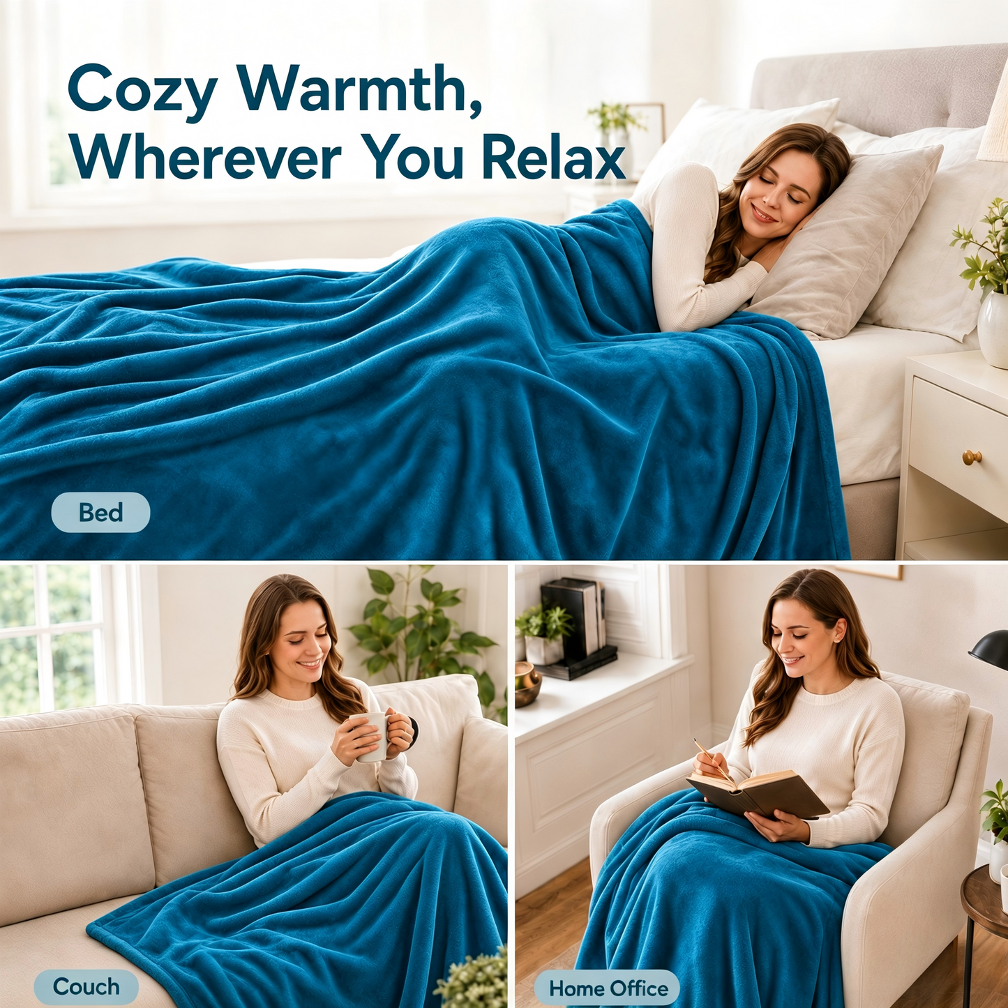 SUNNY HEAT Electric Blanket Heated Twin 62" x 84" -Fast Heating 5 Levels & 10H Auto off, Warm Soft Fannel Machine Washable, for Bed/Couch/Office, Blue Green
