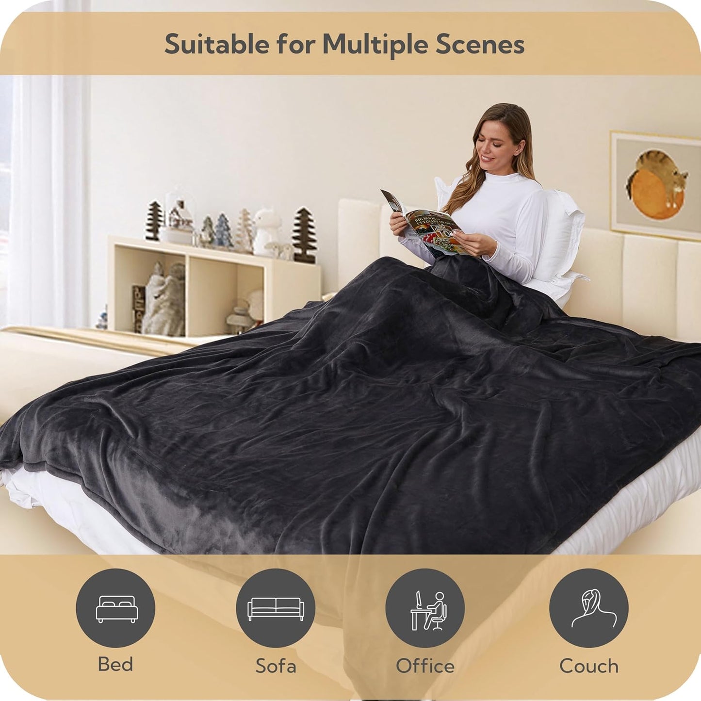 SUNNY HEAT Electric Heated Blanket Flannel 72" x 84" Full Size-4 Heating Settings & 10 Hours Auto Off, Warm Machine Washable- Dark Grey