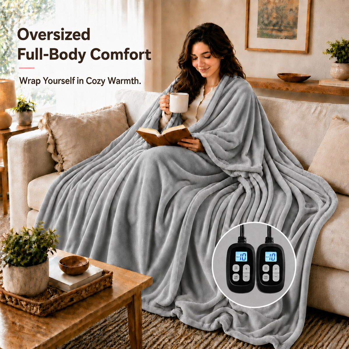 SUNNY HEAT Electric Blanket Heated King 90"×100" -Fast Heating 10 Levels & 1-12H Auto off, Washable, Light Gray