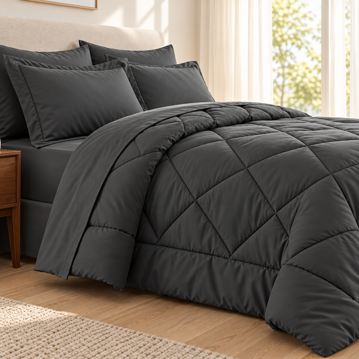 SUNNY HEAT Twin Comforter Set 7 Piece Bed in a Bag, Soft All Season Bedding Set with Comforter, Flat Sheet, Fitted Sheet, Pillowcases and Shams, Machine Washable, Dark Grey