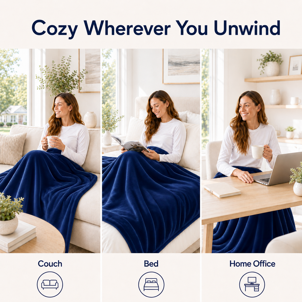 SUNNY HEAT Electric Blanket Heated Twin 62" x 84" -Fast Heating 9 Levels & 10H Auto off, Warm Soft Fannel Machine Washable, for Bed/Couch/Office, Navy Blue