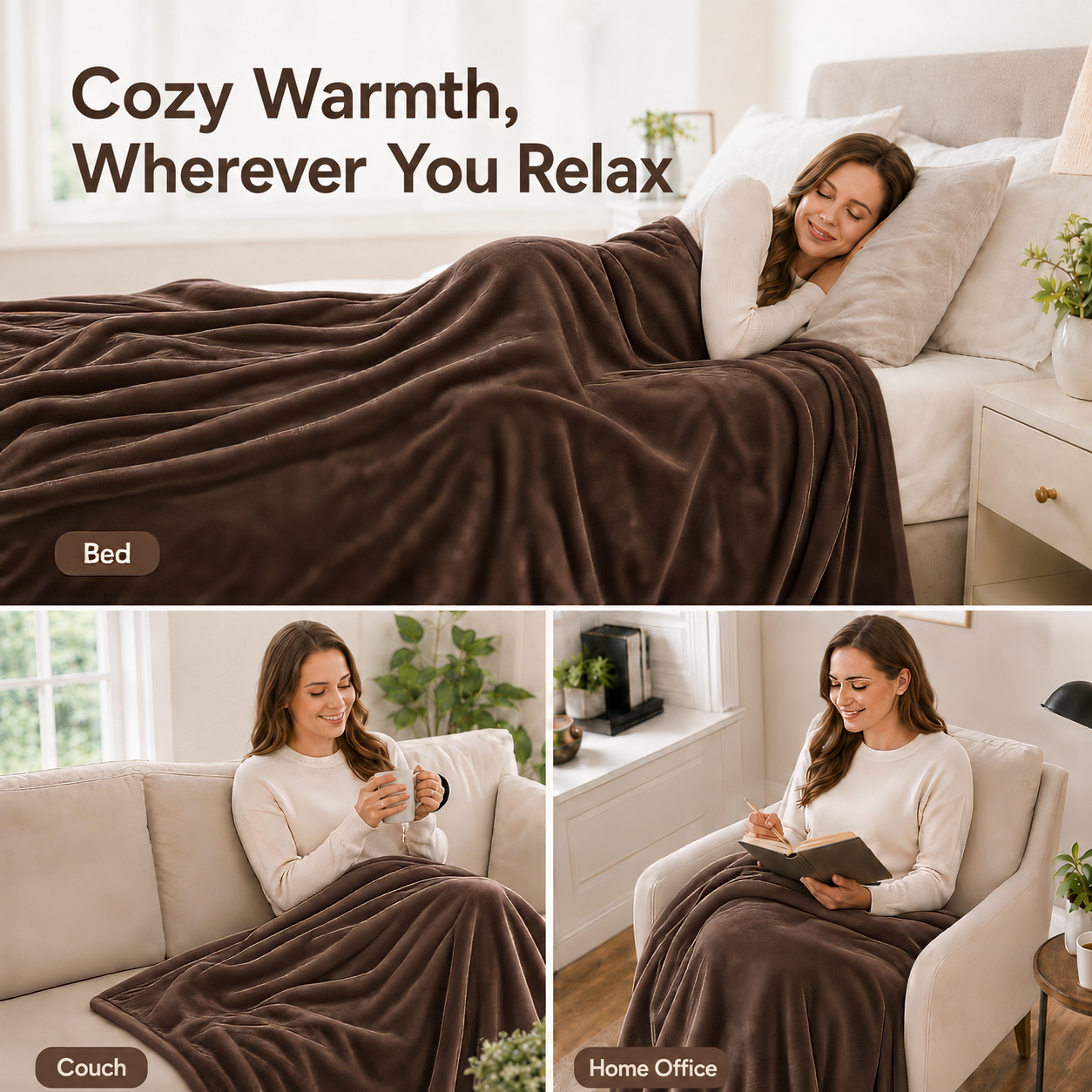 SUNNY HEAT Electric Blanket Heated Twin 62" x 84" -Fast Heating 5 Levels & 10H Auto off, Warm Soft Fannel Machine Washable, for Bed/Couch/Office, Cola Brown