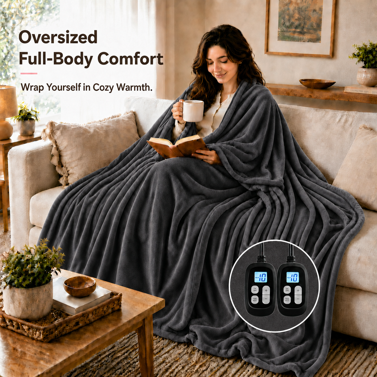 SUNNY HEAT Electric Blanket Heated King 90"×100" -Fast Heating 10 Levels & 1-12H Auto off, Washable, Dark Grey