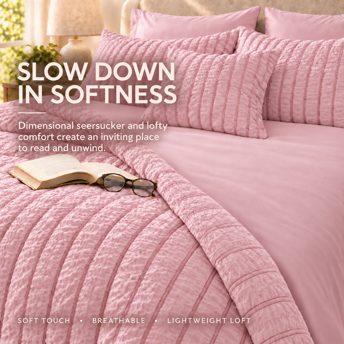 SUNNY HEAT Queen Size 8 Piece Seersucker Comforter Set, Soft Lightweight Bed in a Bag, Breathable All Season Bedding with Sheets, Pillowcases & Shams, Pink