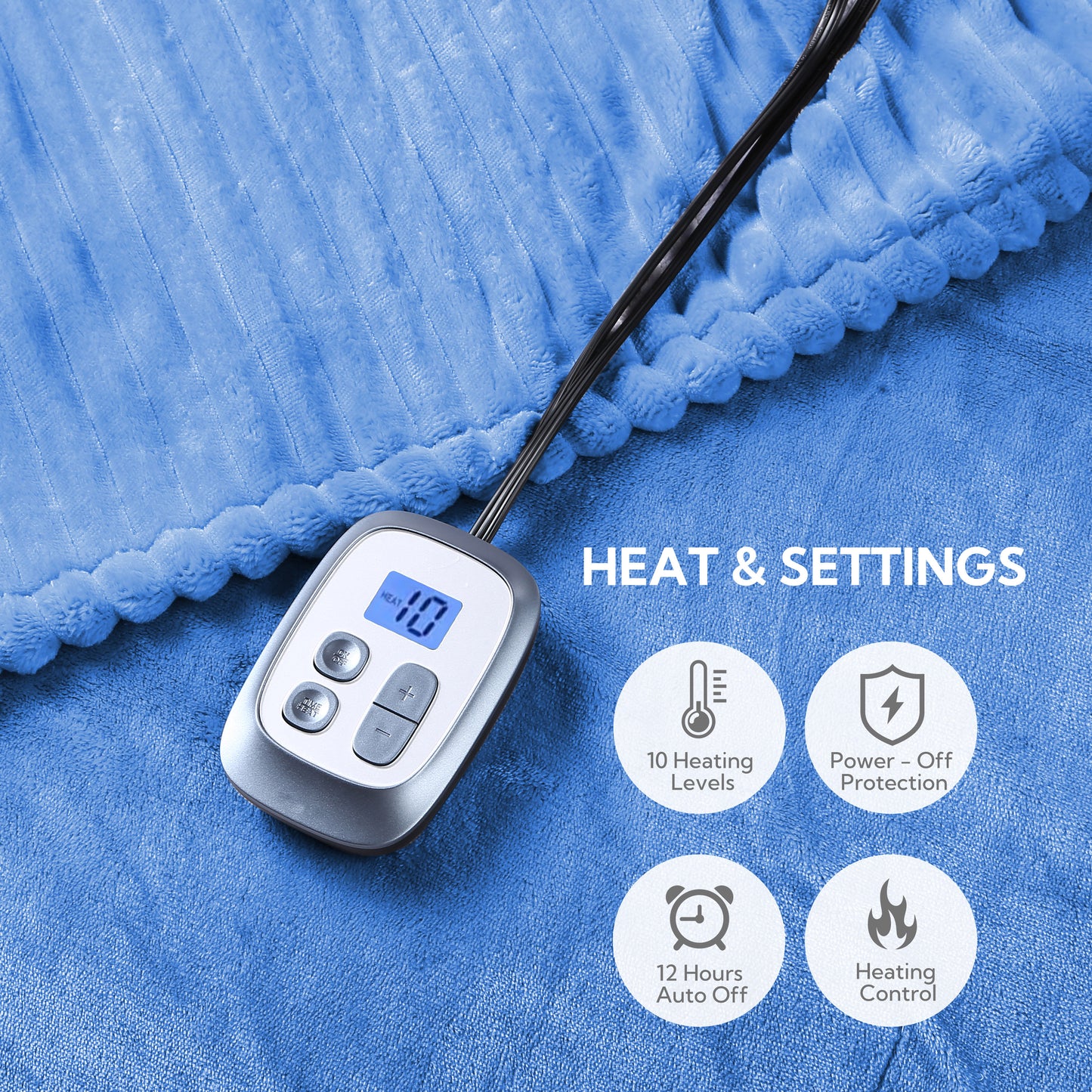 Heated Electric Blanket Ribbed Flannel 72"x84" Full Size - 10 Heating Settings & 12 Hours Auto off, Thick and Warm Washable - Blue