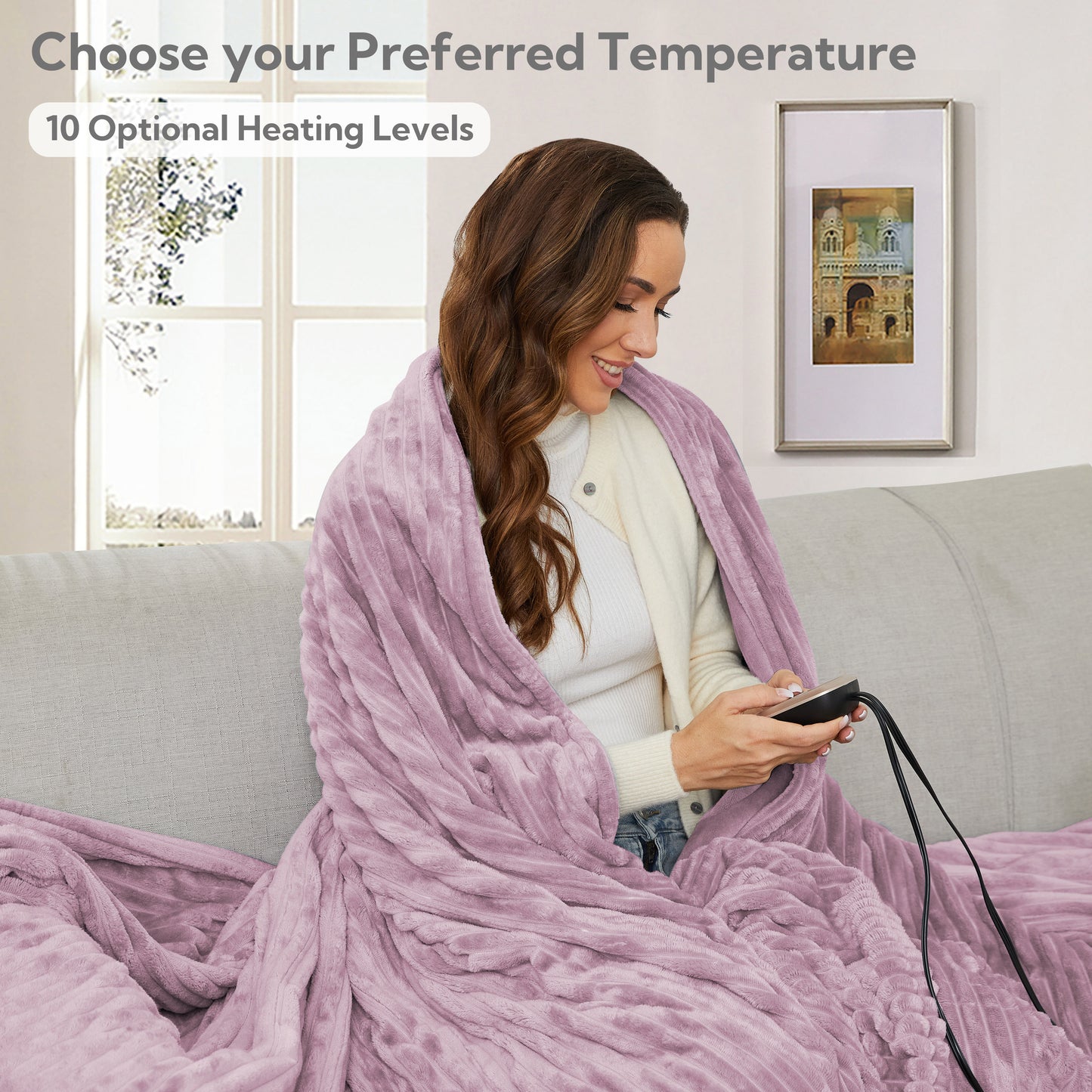 Heated Electric Blanket Ribbed Flannel 72"x84" Full Size - 10 Heating Settings & 12 Hours Auto off, Thick and Warm Washable - Purple