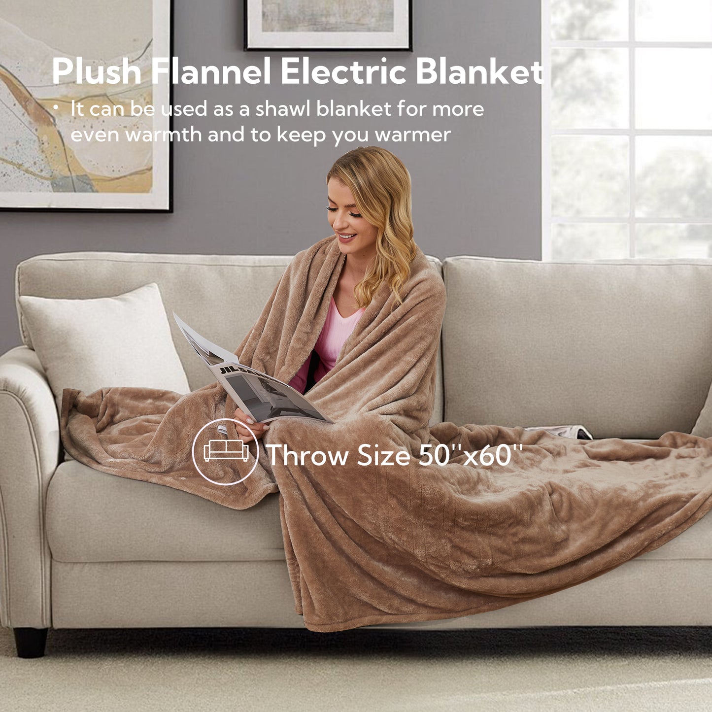 Electric Heated Blanket 50'' x 60'', Soft and Lightweight Plush Double-Sided Flannel Electric Blanket, Camel