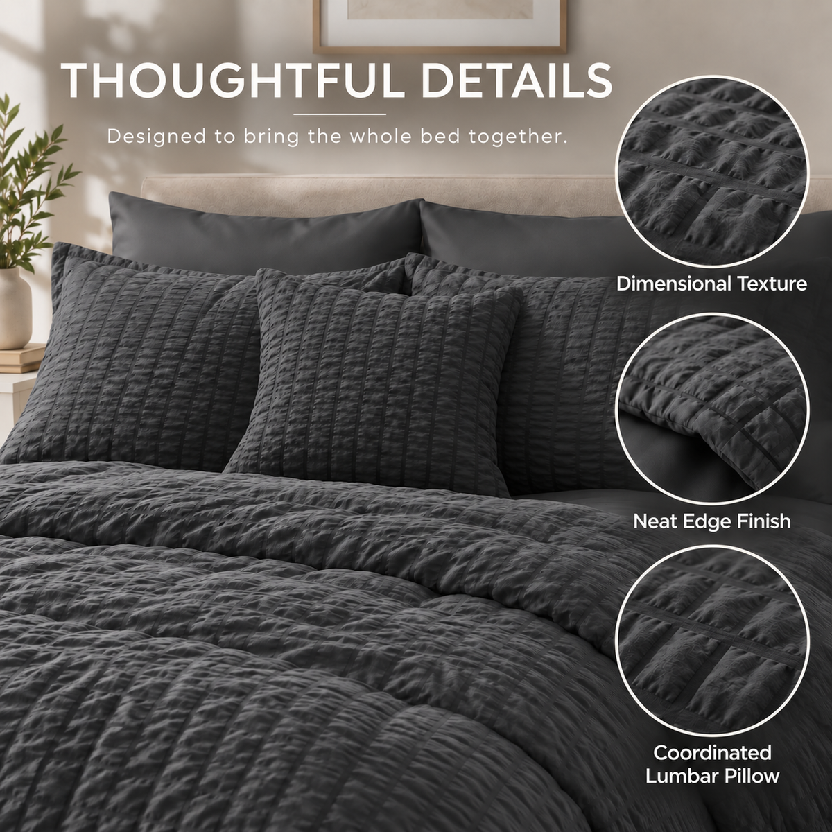 SUNNY HEAT Queen Size 8 Piece Seersucker Comforter Set, Soft Lightweight Bed in a Bag, Breathable All Season Bedding with Sheets, Pillowcases & Shams, Dark Grey