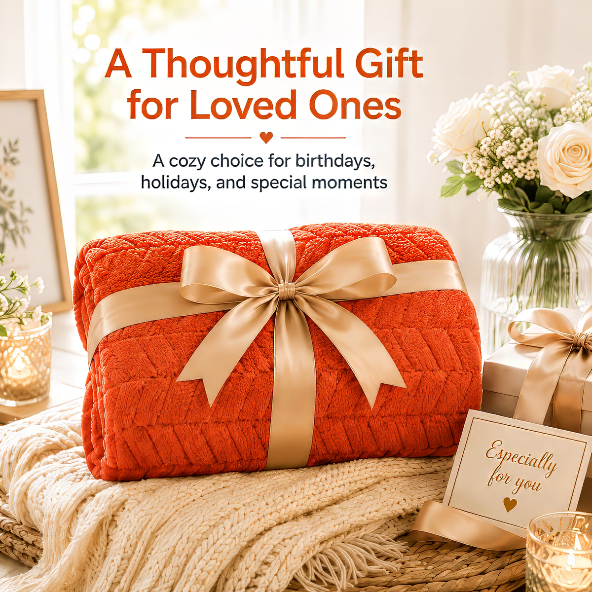 SUNNY HEAT Bed Blanket 80×90 Inches, Breathable and Cozy Microplush for Bed Sofa Couch, Suitable for All Seasons, Orange