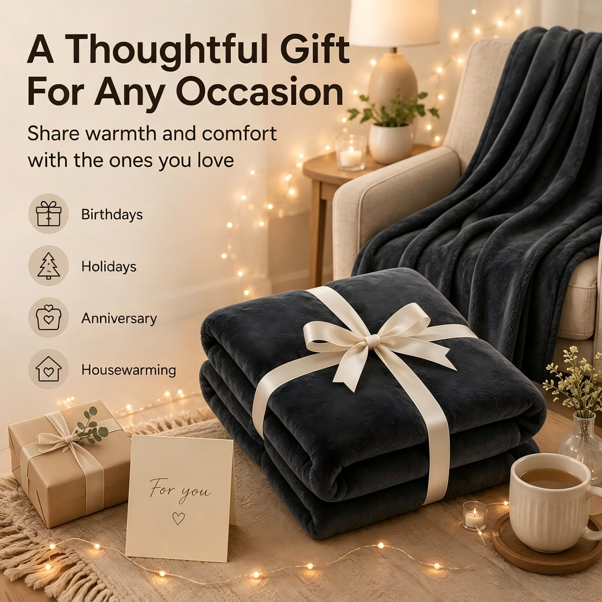 SUNNY HEAT Soft Flannel Blanket Super Warm & Comfortable Bed Blanket Queen Size, Dark Grey