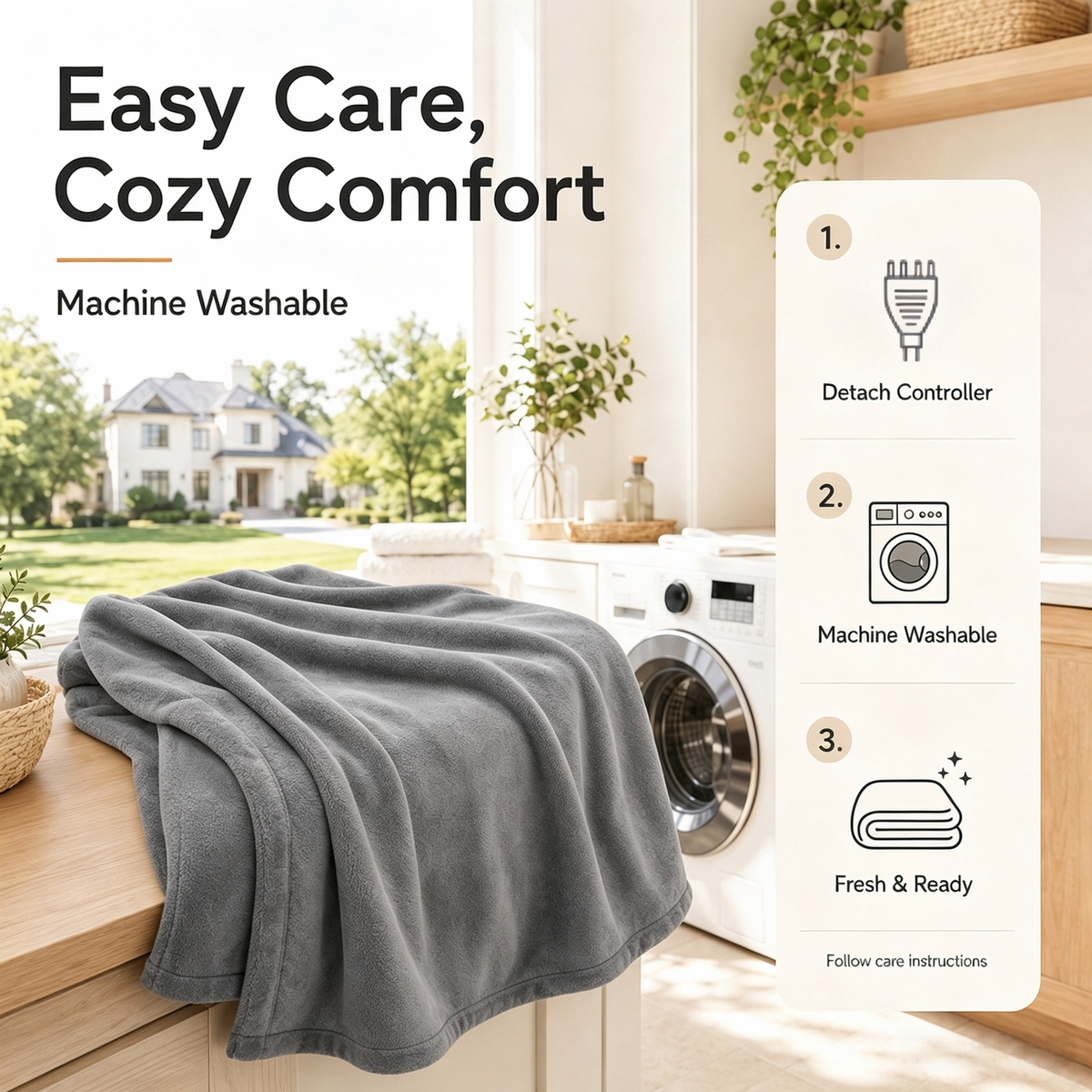 SUNNY HEAT Electric Heated Blanket Flannel 72" x 84" Full Size-4 Heating Settings & 10 Hours Auto off, Warm Machine Washable- Light Gray