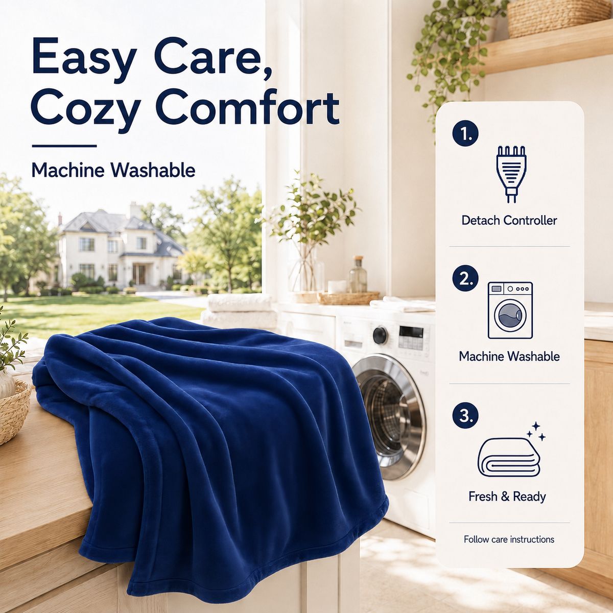 SUNNY HEAT Electric Blanket Heated Twin 62" x 84" -Fast Heating 9 Levels & 10H Auto off, Warm Soft Fannel Machine Washable, for Bed/Couch/Office, Navy Blue
