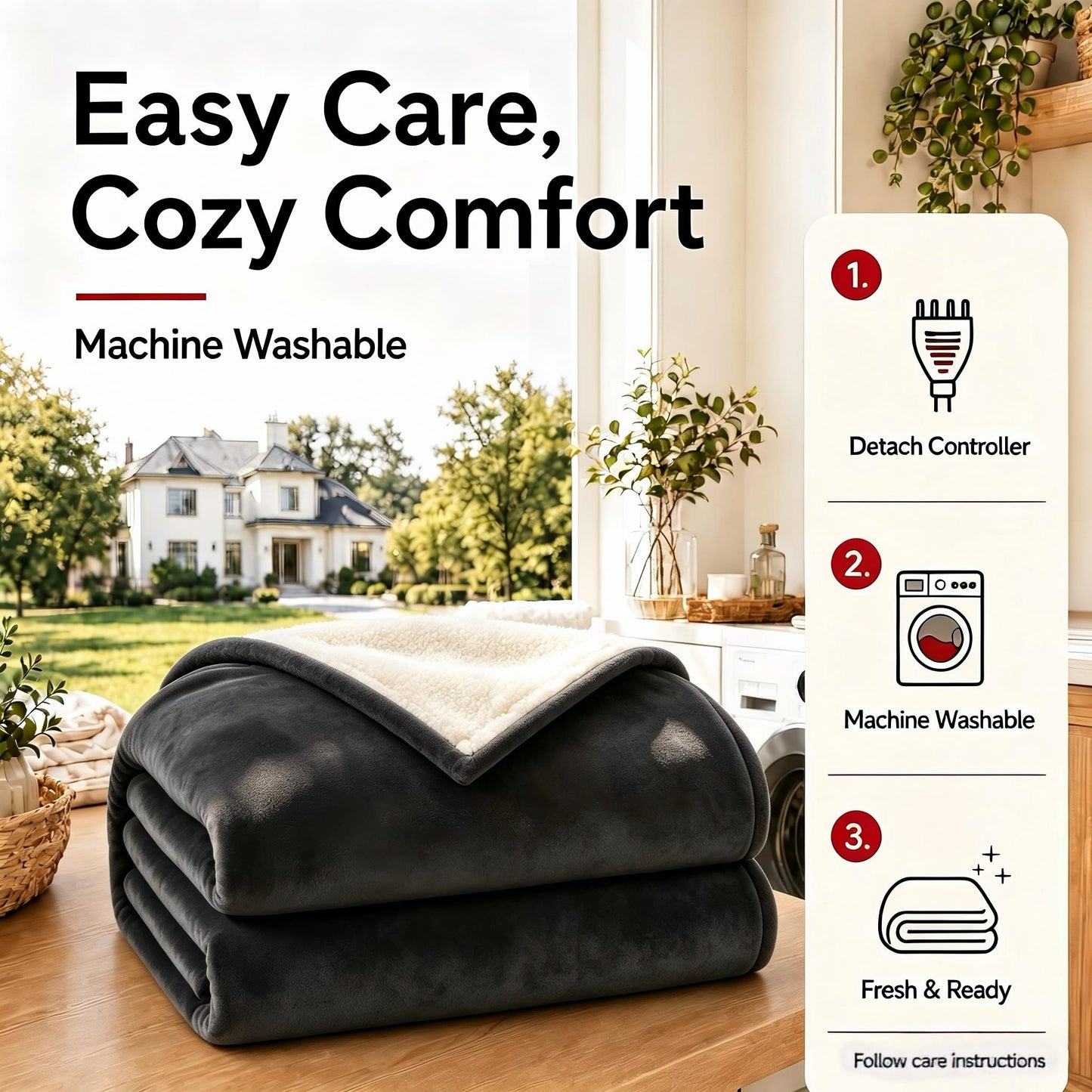 SUNNY HEAT Flannel Heated Blanket King 90"×100", 4 Heat Settings, 10H Auto Off, Washable, Dark Grey