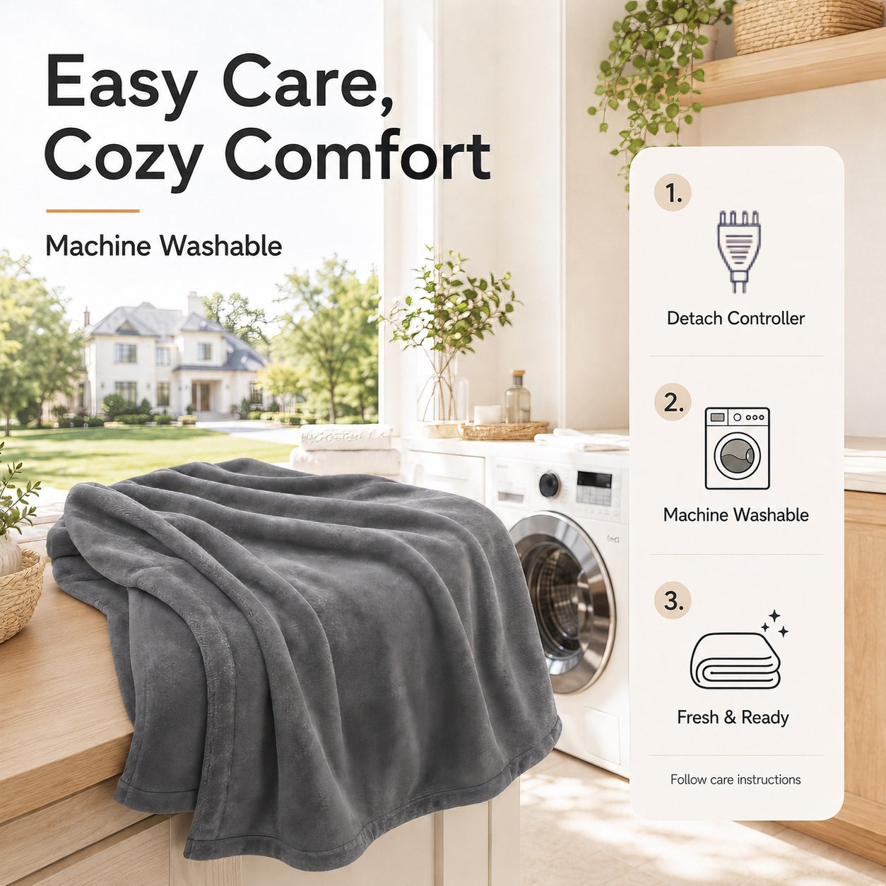 SUNNY HEAT Electric Blanket Heated Queen 84" x 90" -Fast Heating 9 Levels & 10H Auto off, Warm Soft Fannel Machine Washable, for Bed/Couch/Office, Light Grey