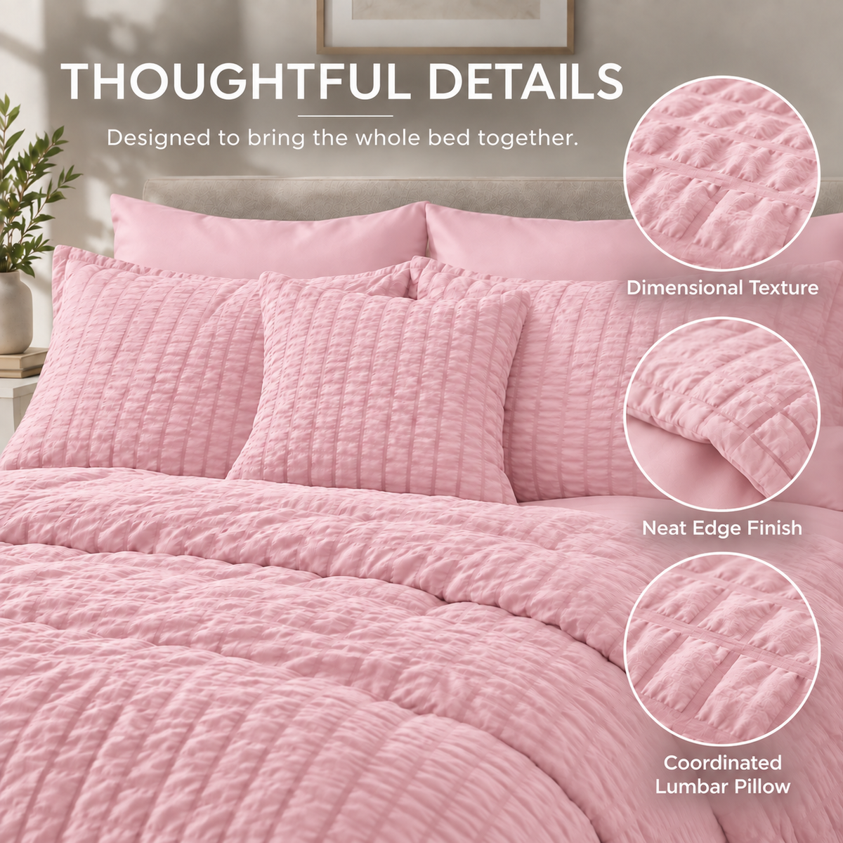 SUNNY HEAT Queen Size 8 Piece Seersucker Comforter Set, Soft Lightweight Bed in a Bag, Breathable All Season Bedding with Sheets, Pillowcases & Shams, Pink