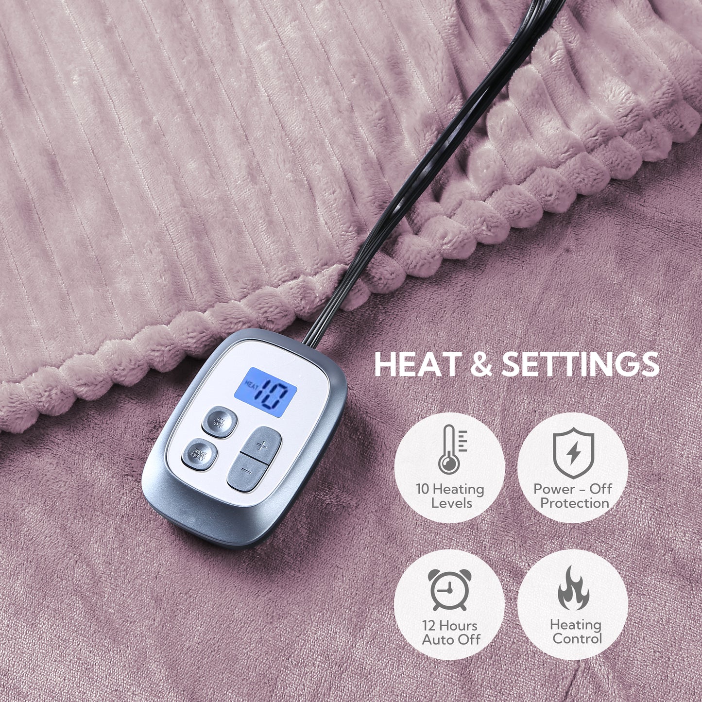 Heated Electric Blanket Ribbed Flannel 72"x84" Full Size - 10 Heating Settings & 12 Hours Auto off, Thick and Warm Washable - Purple