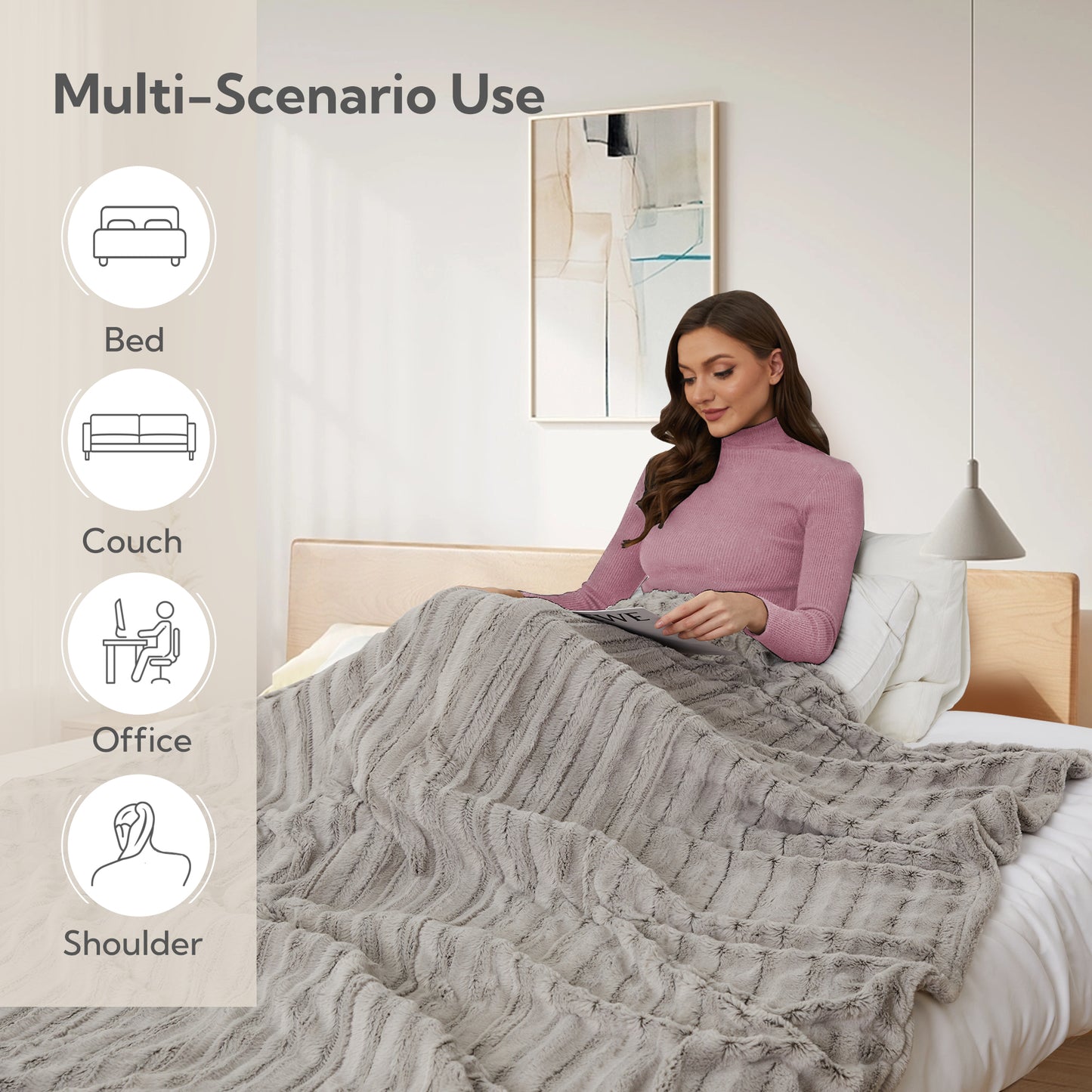 SUNNY HEAT Heated Electric Blanket Throw Size 50''60''-Faux Fur Material Electric Blanket, 4 Heat Levels, 3 Hours Auto Off, Brown