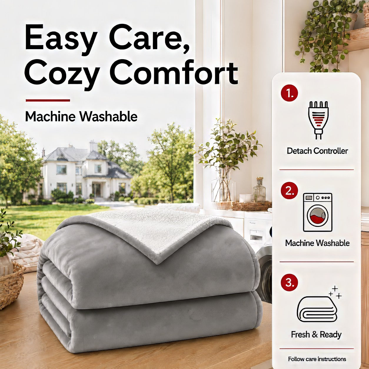 SUNNY HEAT Flannel Heated Blanket King 90"×100", 10 Heat Settings, 1-12 Hour Auto Off, Washable, Light Gray