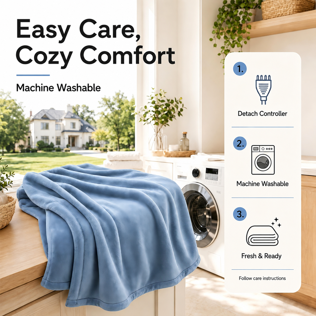 SUNNY HEAT Electric Blanket Heated Twin 62" x 84" -Fast Heating 9 Levels & 10H Auto off, Warm Soft Fannel Machine Washable, for Bed/Couch/Office, Blue Gray