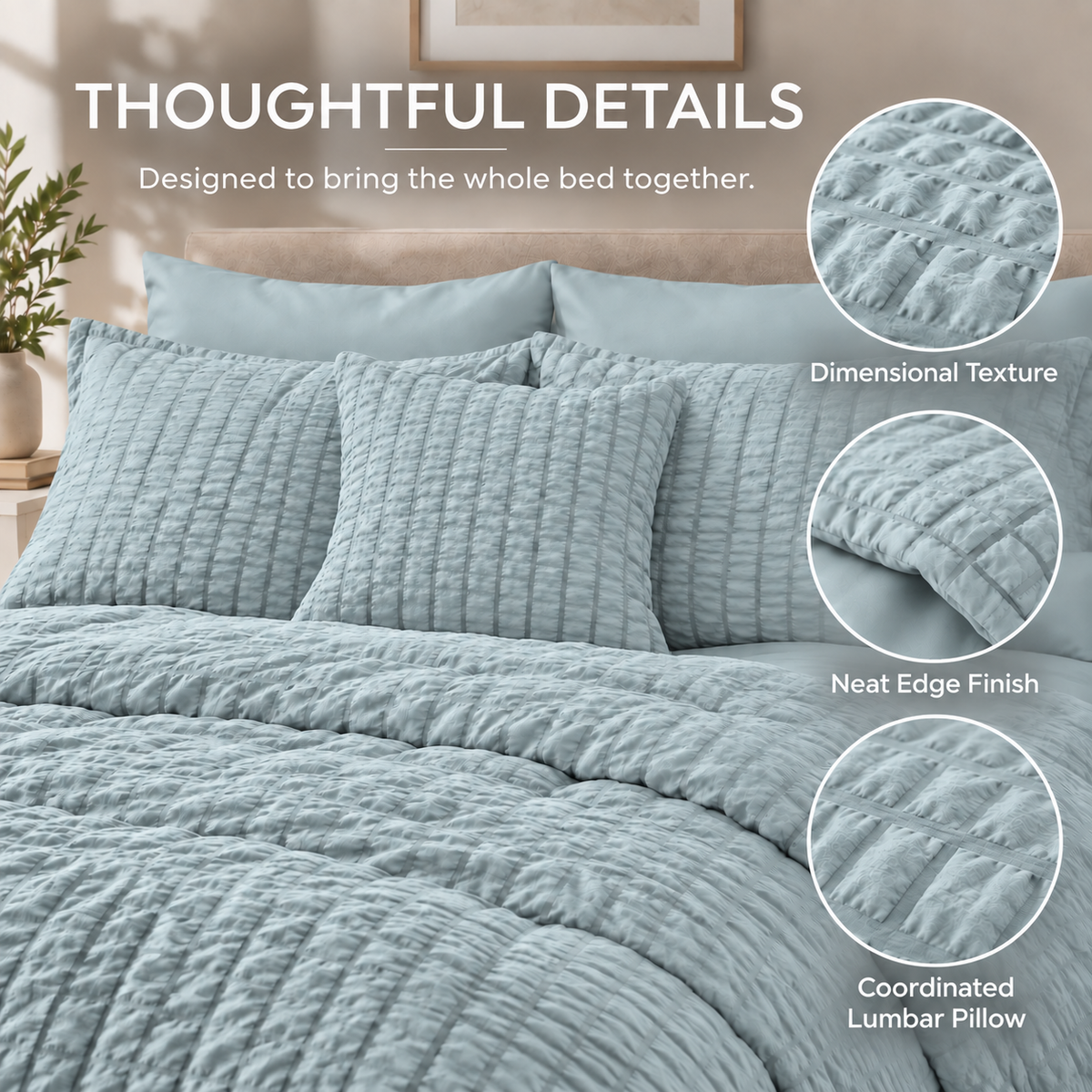 SUNNY HEAT Queen Size 8 Piece Seersucker Comforter Set, Soft Lightweight Bed in a Bag, Breathable All Season Bedding with Sheets, Pillowcases & Shams,Light Blue