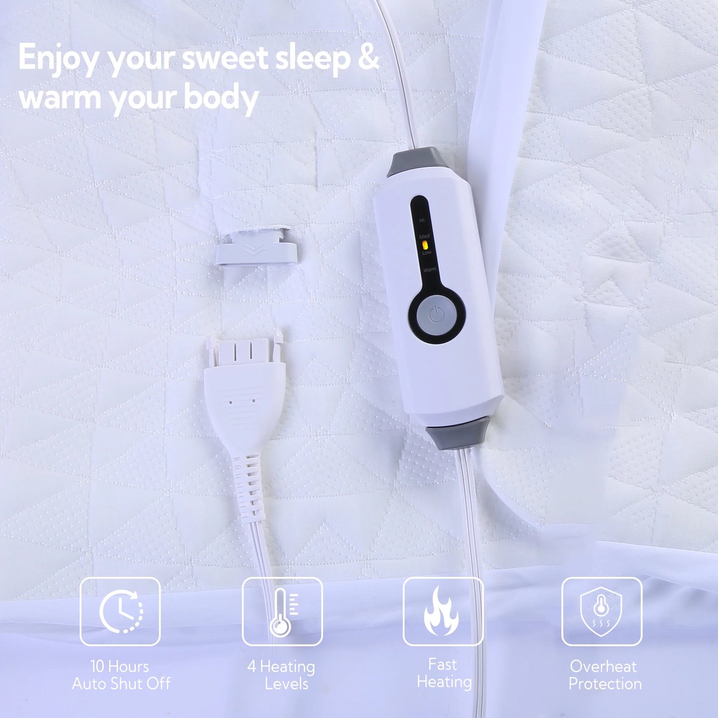 SUNNY HEAT Electric Mattress Pad Twin Size with 4 Temperature 10H Auto-off, White