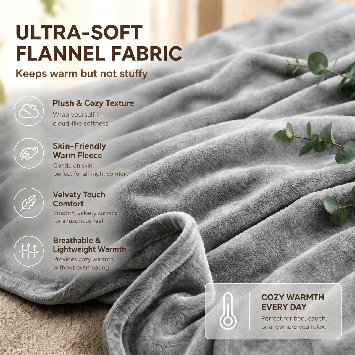 SUNNY HEAT Electric Heated Blanket Full Size 72" x 84" Soft Flannel with 4 Levels Heating & 10Hs Auto off, Machine Washable, Light Gray