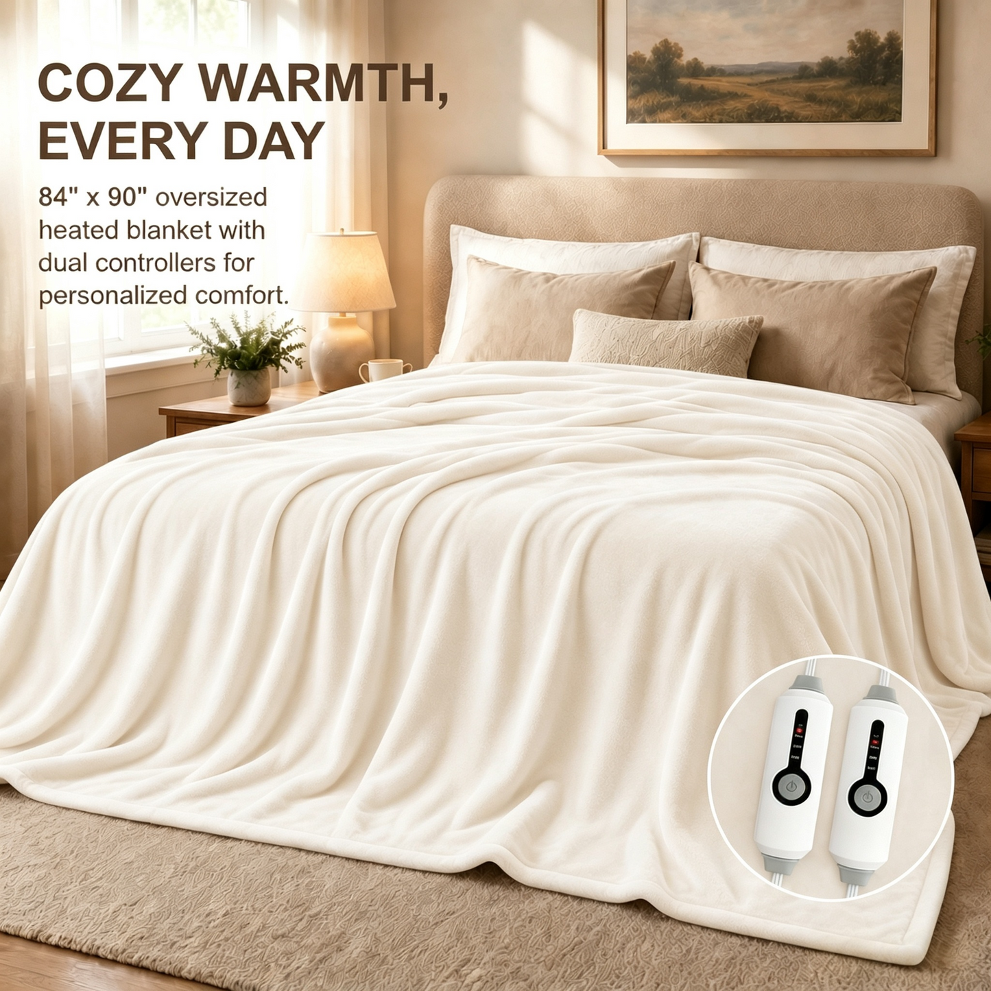 SUNNY HEAT Electric Heated Blanket Flannel 84" x 90" Queen Size-4 Heating Settings & 10 Hours Auto Off, Cozy Machine Washable-White