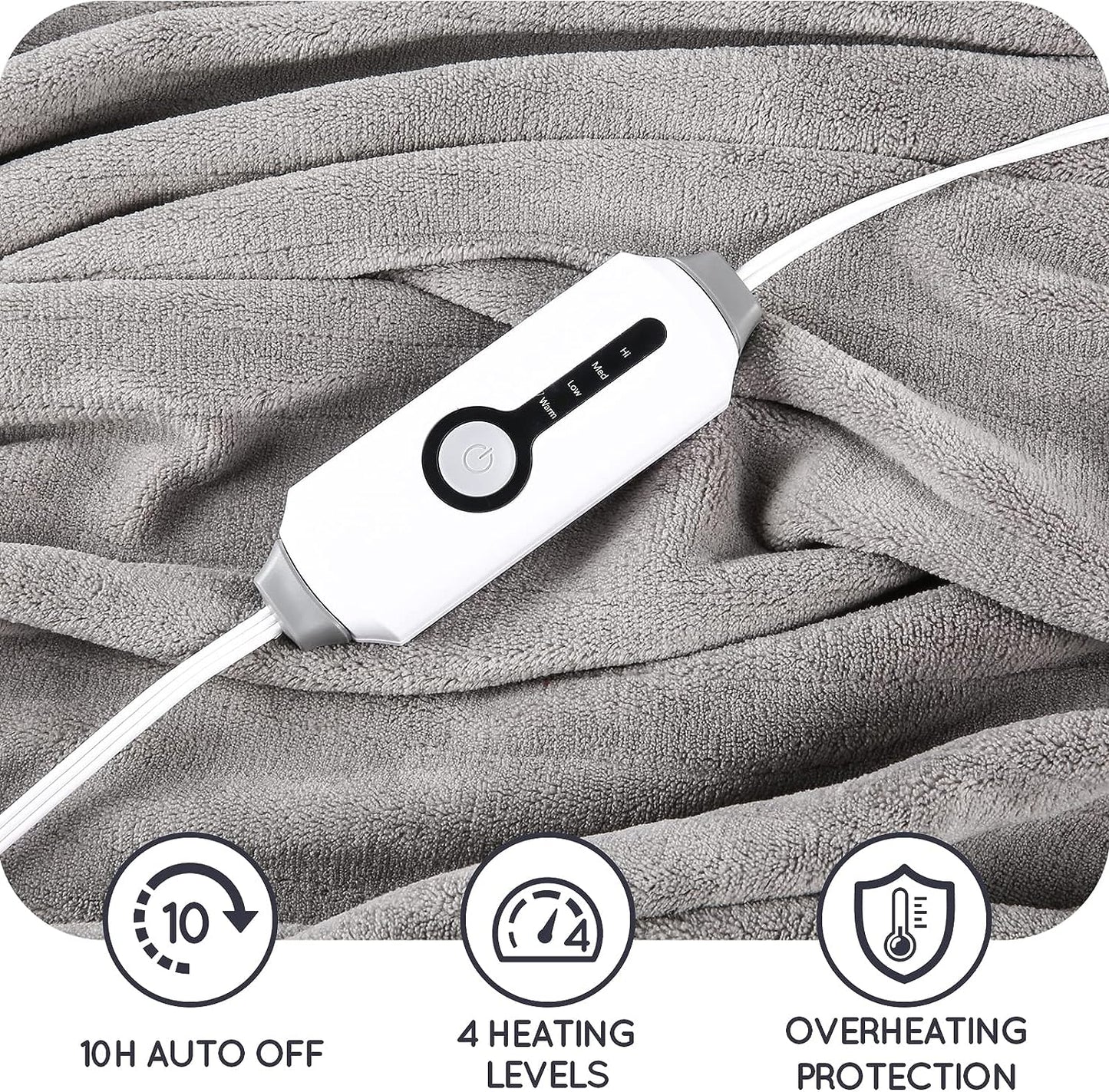 Electric Heated Blanket 72"x84" Full Size with 4 Heating Levels and 10 Hours Auto-Off Large Oversized Heating Blanket with Soft Plush Fabric for Bedding - Gray