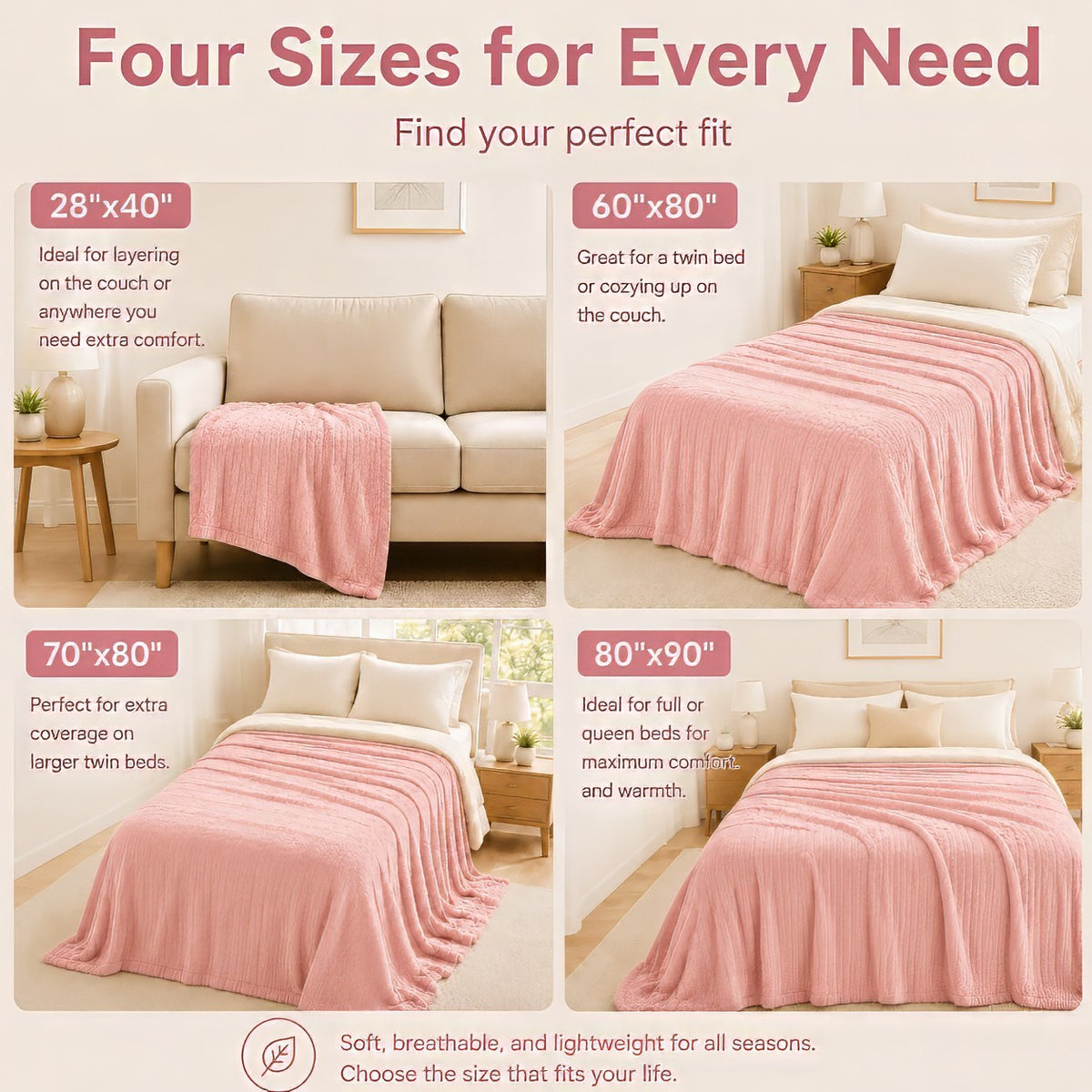 SUNNY HEAT Bed Blanket 70×80 Inches, Breathable and Cozy Microplush for Bed Sofa Couch, Summer Lightweight All-Season, Peach Pink