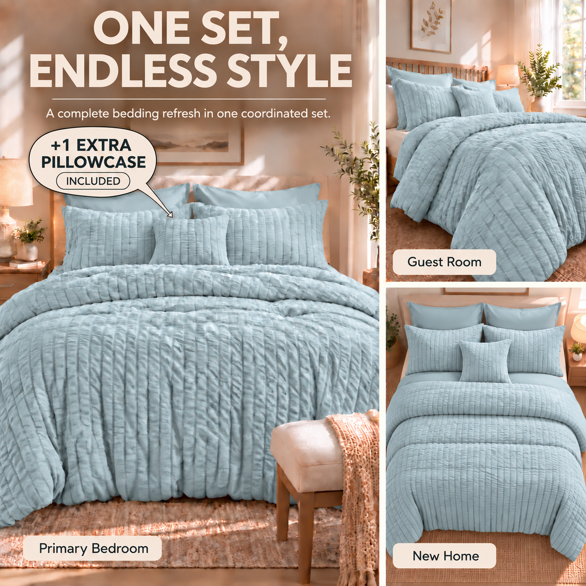 SUNNY HEAT Queen Size 8 Piece Seersucker Comforter Set, Soft Lightweight Bed in a Bag, Breathable All Season Bedding with Sheets, Pillowcases & Shams,Light Blue