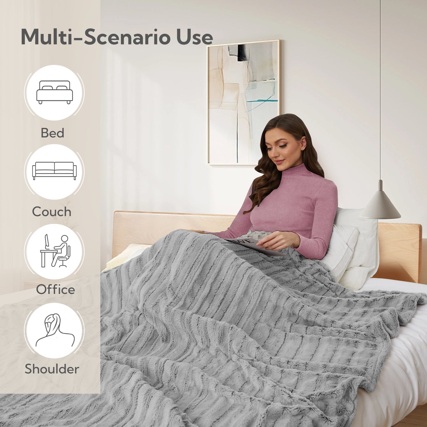 SUNNY HEAT Heated Electric Blanket Throw Size 50''60''-Faux Fur Material Electric Blanket, 4 Heat Levels, 3 Hours Auto Off, Light Grey