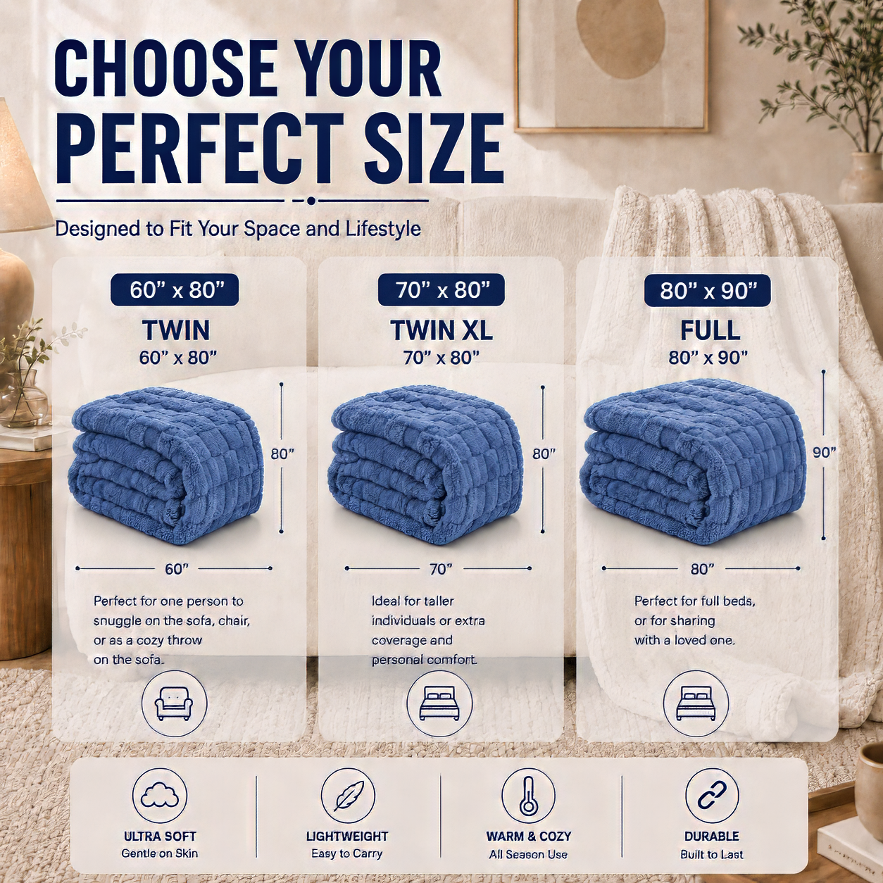 SUNNY HEAT Bed Blanket 78×90 Inches, Breathable and Cozy Microplush for Bed Sofa Couch, Suitable for All Seasons, Classic Blue