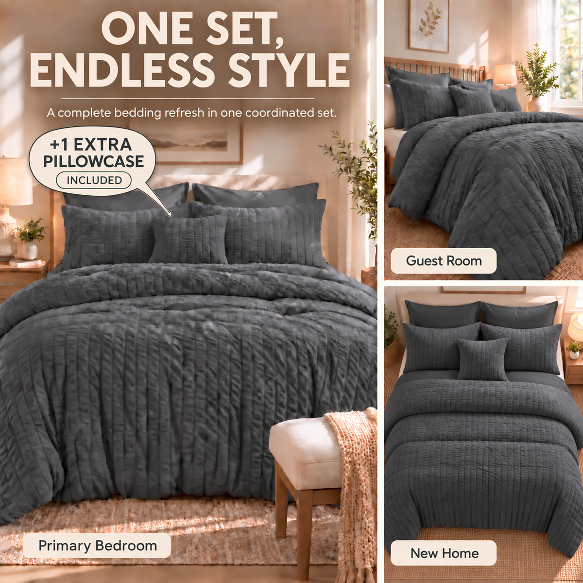 SUNNY HEAT Queen Size 8 Piece Seersucker Comforter Set, Soft Lightweight Bed in a Bag, Breathable All Season Bedding with Sheets, Pillowcases & Shams, Dark Grey