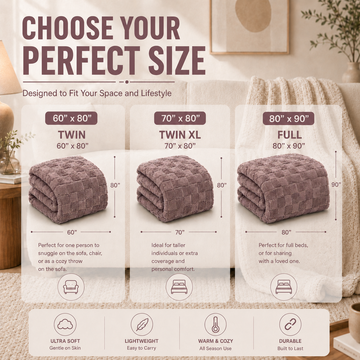 SUNNY HEAT Bed Blanket 78×90 Inches, Breathable and Cozy Microplush for Bed Sofa Couch, Suitable for All Seasons, Gift, Purple