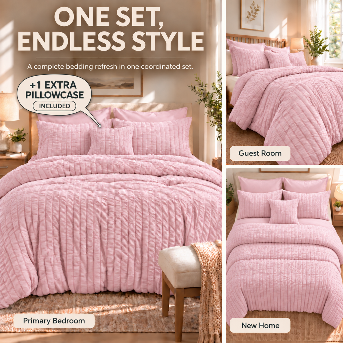 SUNNY HEAT Queen Size 8 Piece Seersucker Comforter Set, Soft Lightweight Bed in a Bag, Breathable All Season Bedding with Sheets, Pillowcases & Shams, Pink